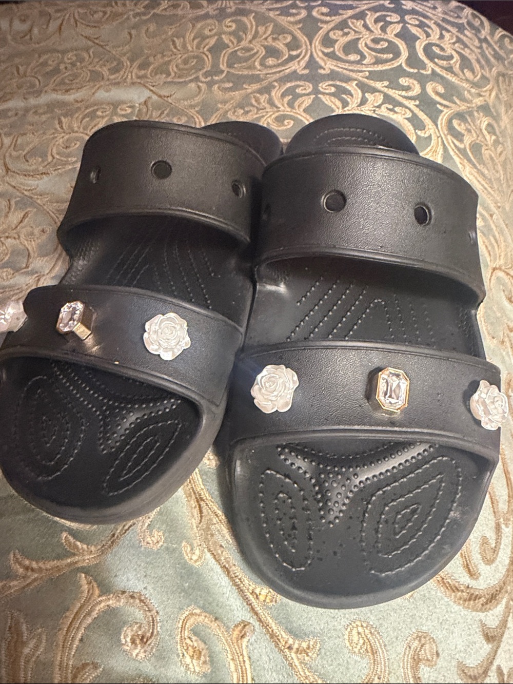 CROCS Black Slip-On Sandals with Silver Flower and Gem Charms